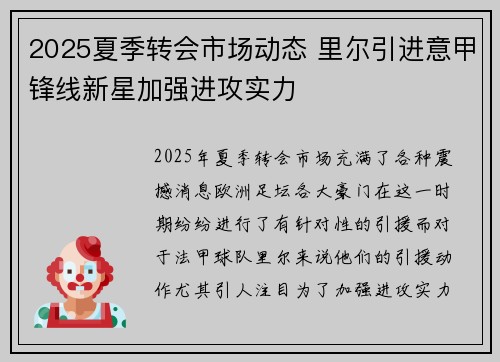 2025夏季转会市场动态 里尔引进意甲锋线新星加强进攻实力