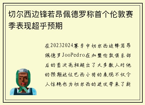 切尔西边锋若昂佩德罗称首个伦敦赛季表现超乎预期