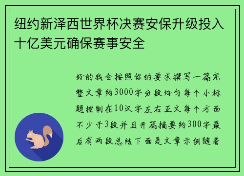 纽约新泽西世界杯决赛安保升级投入十亿美元确保赛事安全