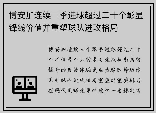 博安加连续三季进球超过二十个彰显锋线价值并重塑球队进攻格局
